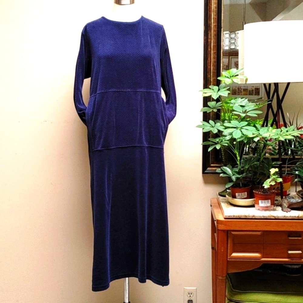 Blue Embossed Velvet Long Sleeve Maxi Dress Muffler Pocket M - Picture 6 of 12